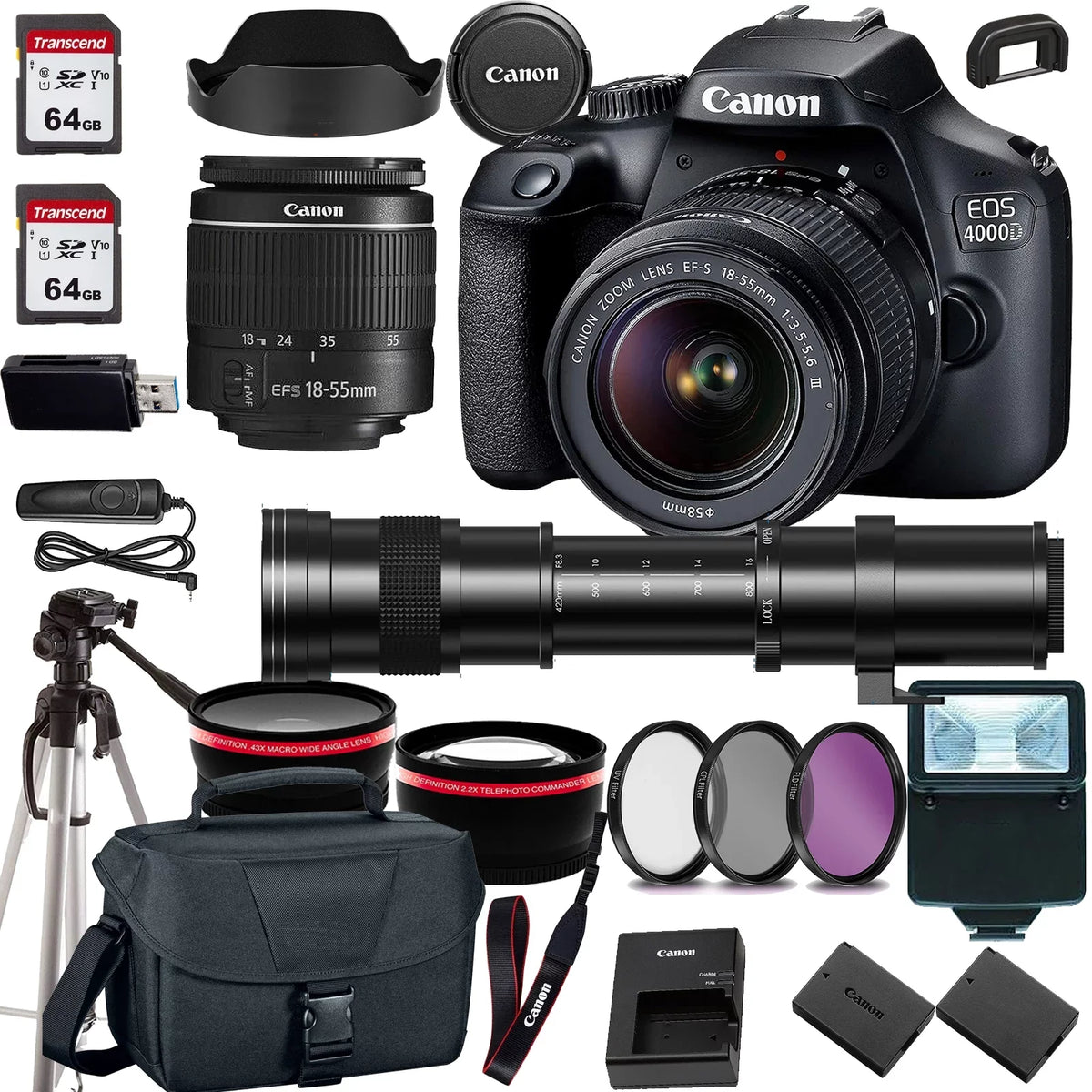 EOS 4000D/ T100 DSLR w/ EF- 18-55mm /3.5-5.6 +420-800mm HD lens+case+128Memory (24PC)