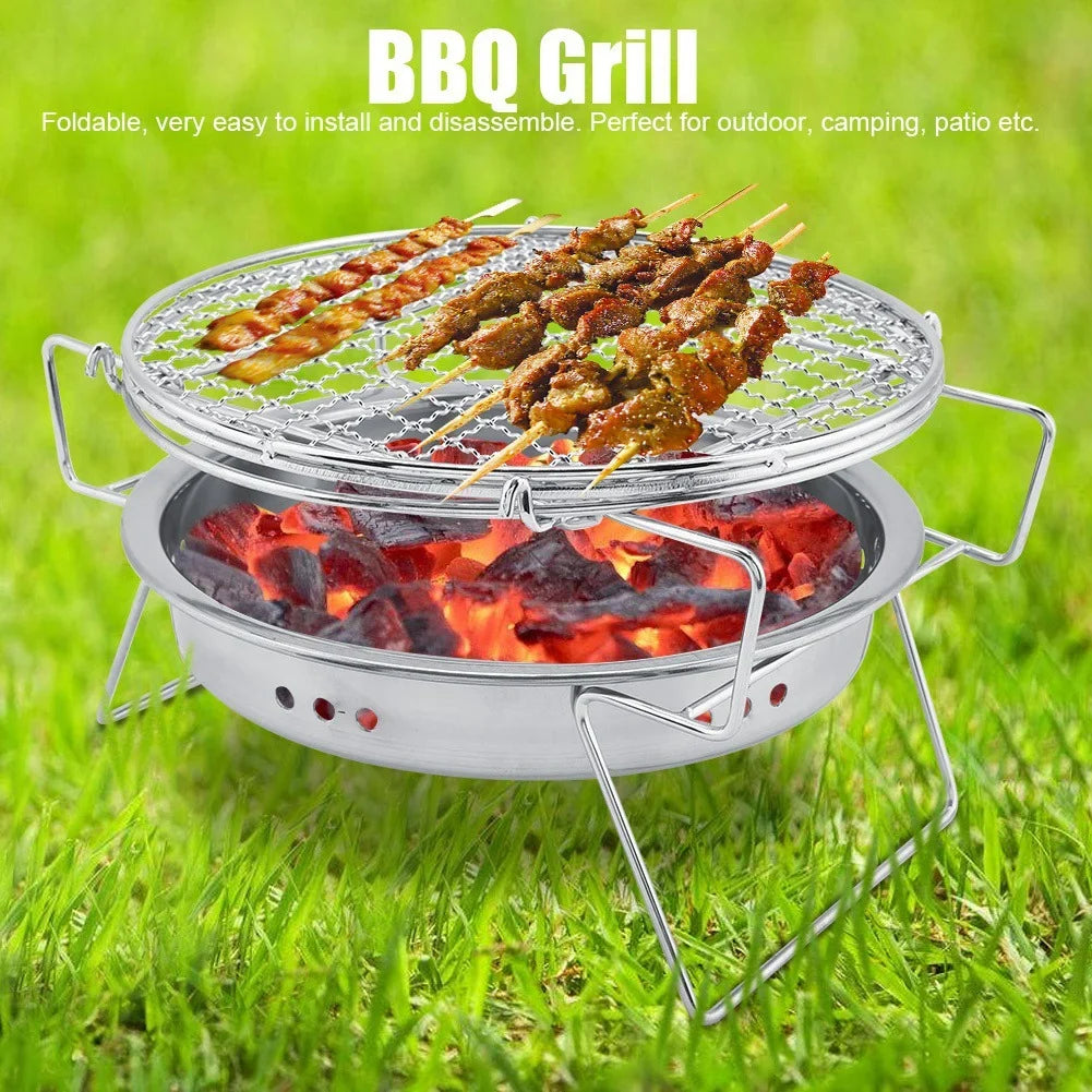 de barbacoa al aire libre - parrilla de barbacoa de acero inoxidable de barbacoa redonda portátil plegable para patio de camping al aire libre