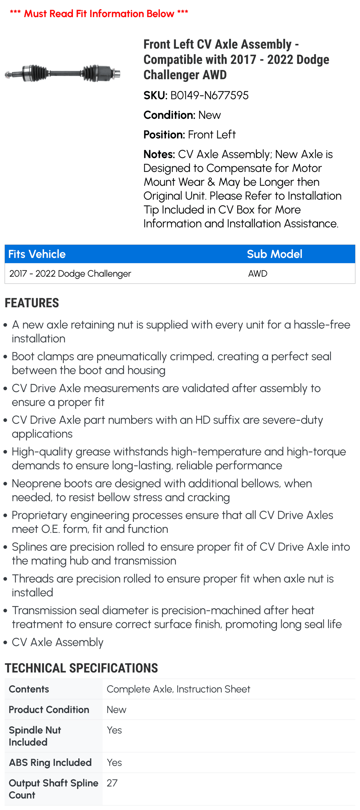 CV - with 2017 - 2022 AWD 2018 2019 2020 2021