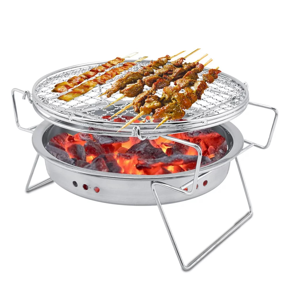 de barbacoa al aire libre - parrilla de barbacoa de acero inoxidable de barbacoa redonda portátil plegable para patio de camping al aire libre